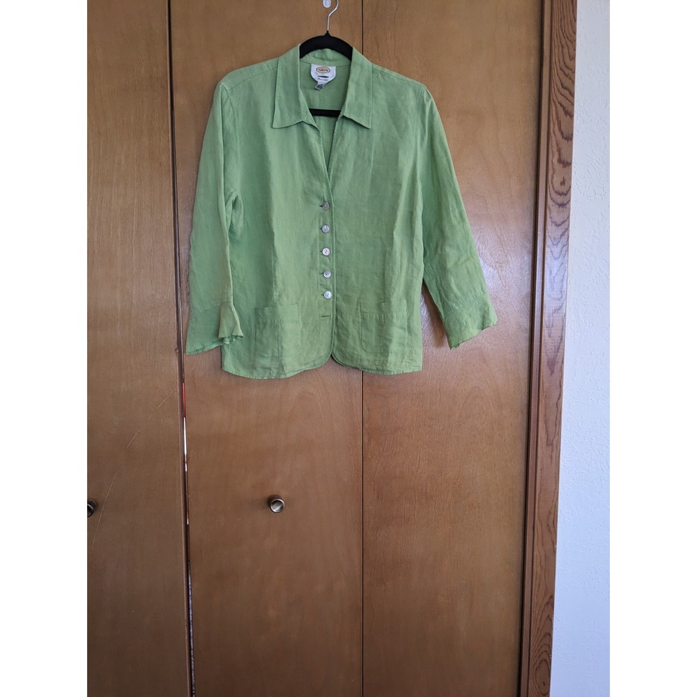 Vintage Talbots 100% Irish Linen Button Down Shirt Size 14 Lime Celery Green